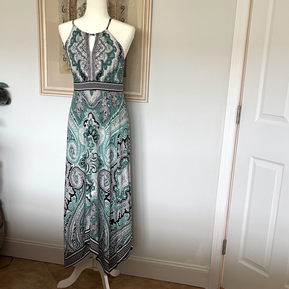 INC Elegant Green Paisley Halter Maxi Dress